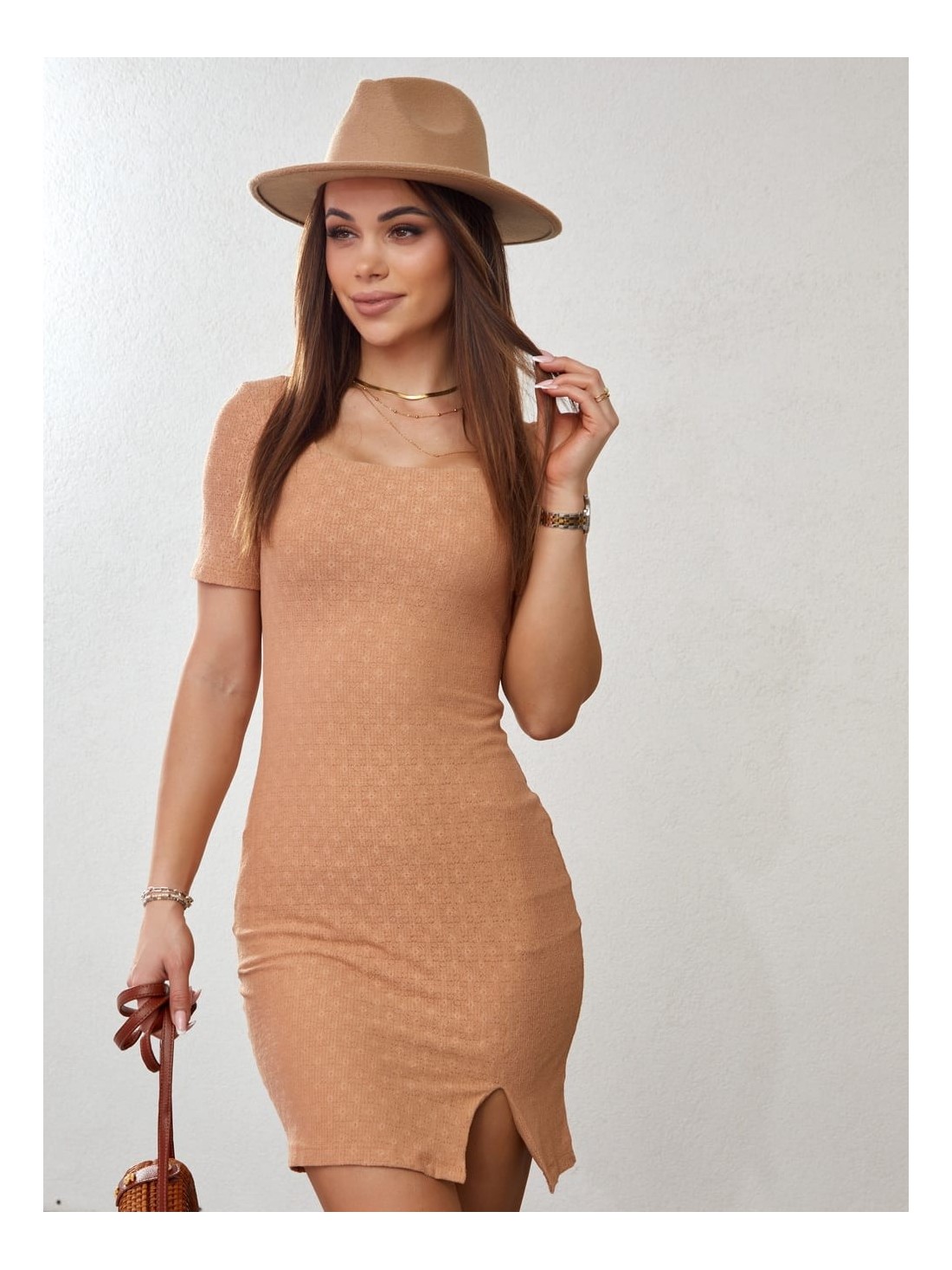 Rochie mini lejera cu maneci scurte, bej inchis 110646 - Magazin online - Boutique